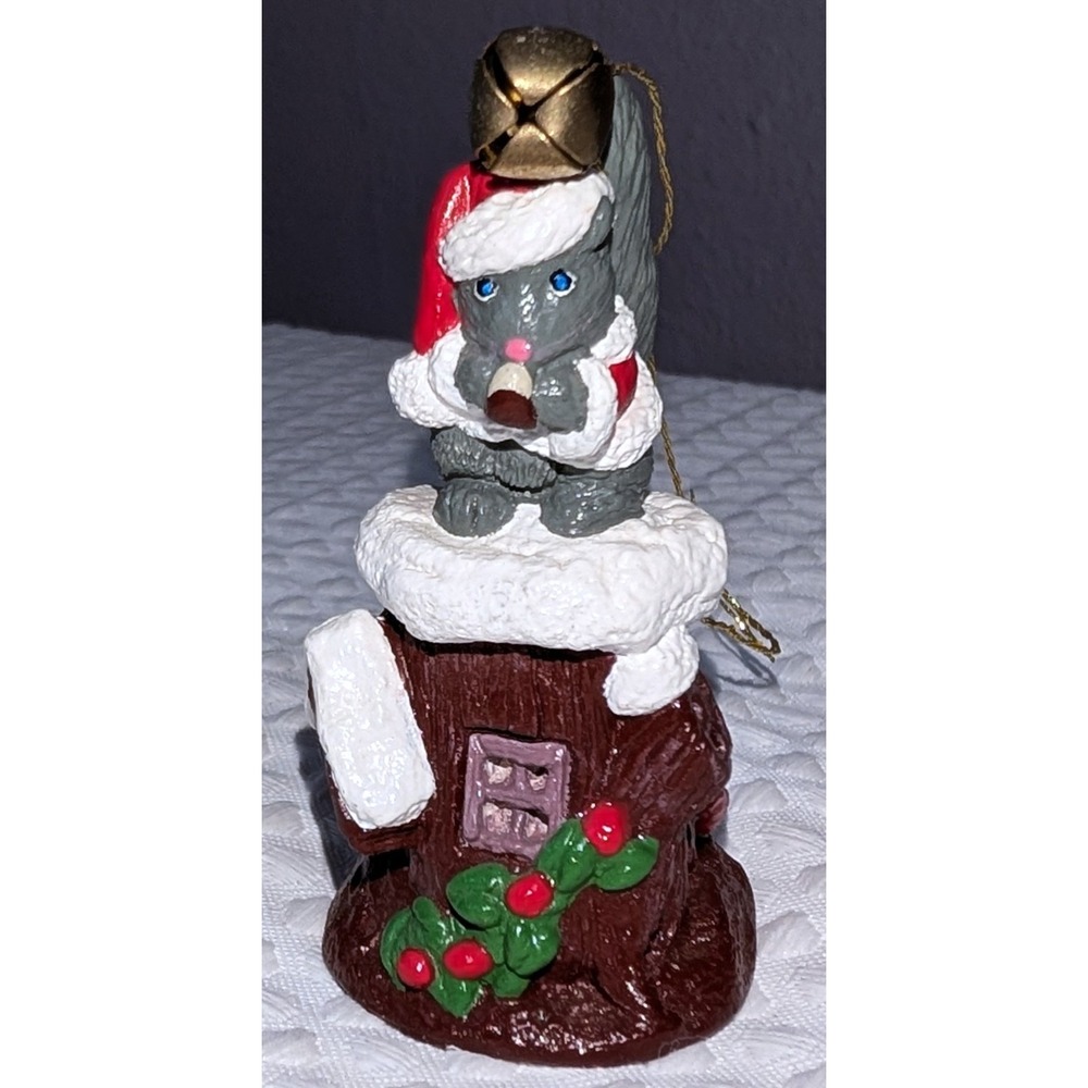 VTG Chalkware Squirrel Dressed as Santa on Snowy Stump 3" Hand Painted Holly